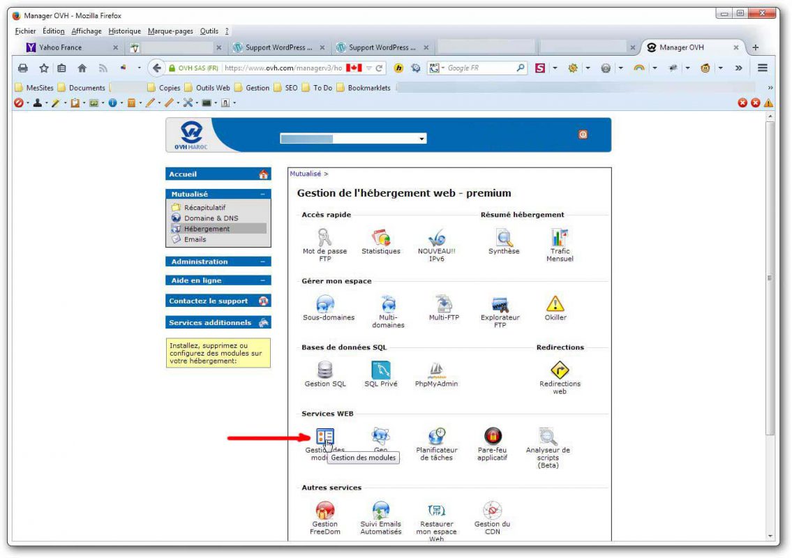 Screen Shot manager OVH accès aux modules