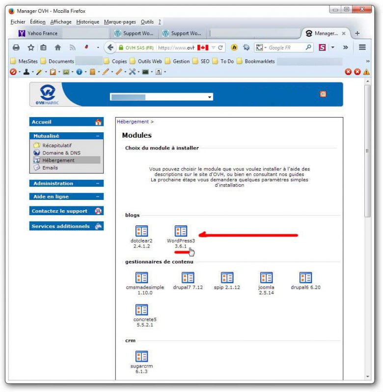 Screen Shot manager OVH choix du module WordPress