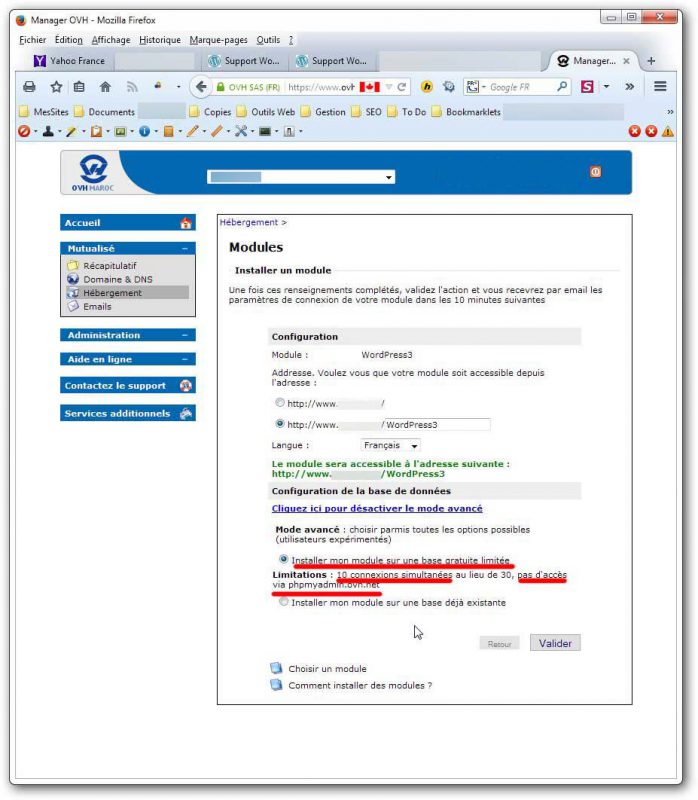Screen Shot manager OVH options de base de donnée