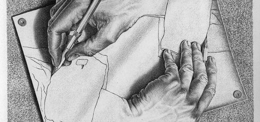 Gravure de MC Escher représentant deux mains qui se dessinent