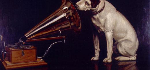 Chien écoutant un grammophone