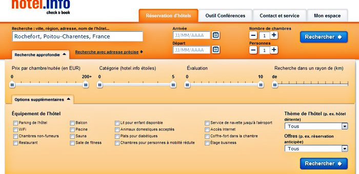 Screenshot des critères de recherche