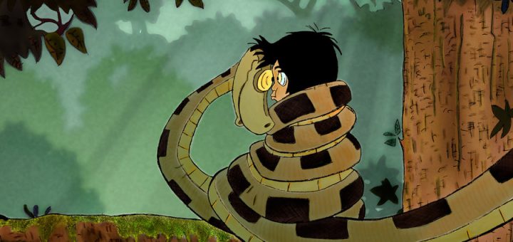 Le serpent Kaa hypnotise Mowgli dans le Livre de la Jungle
