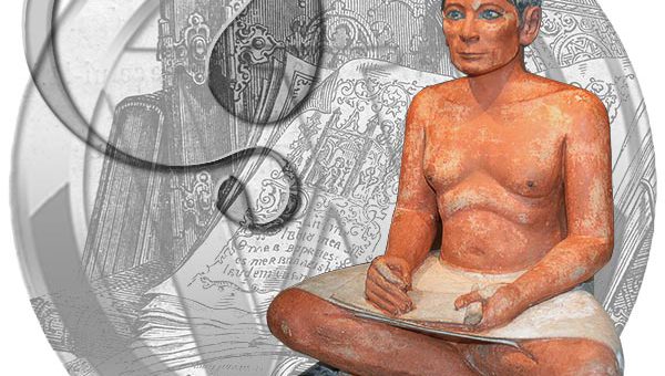 Le scribe assis et les logos de wordpress et wpml